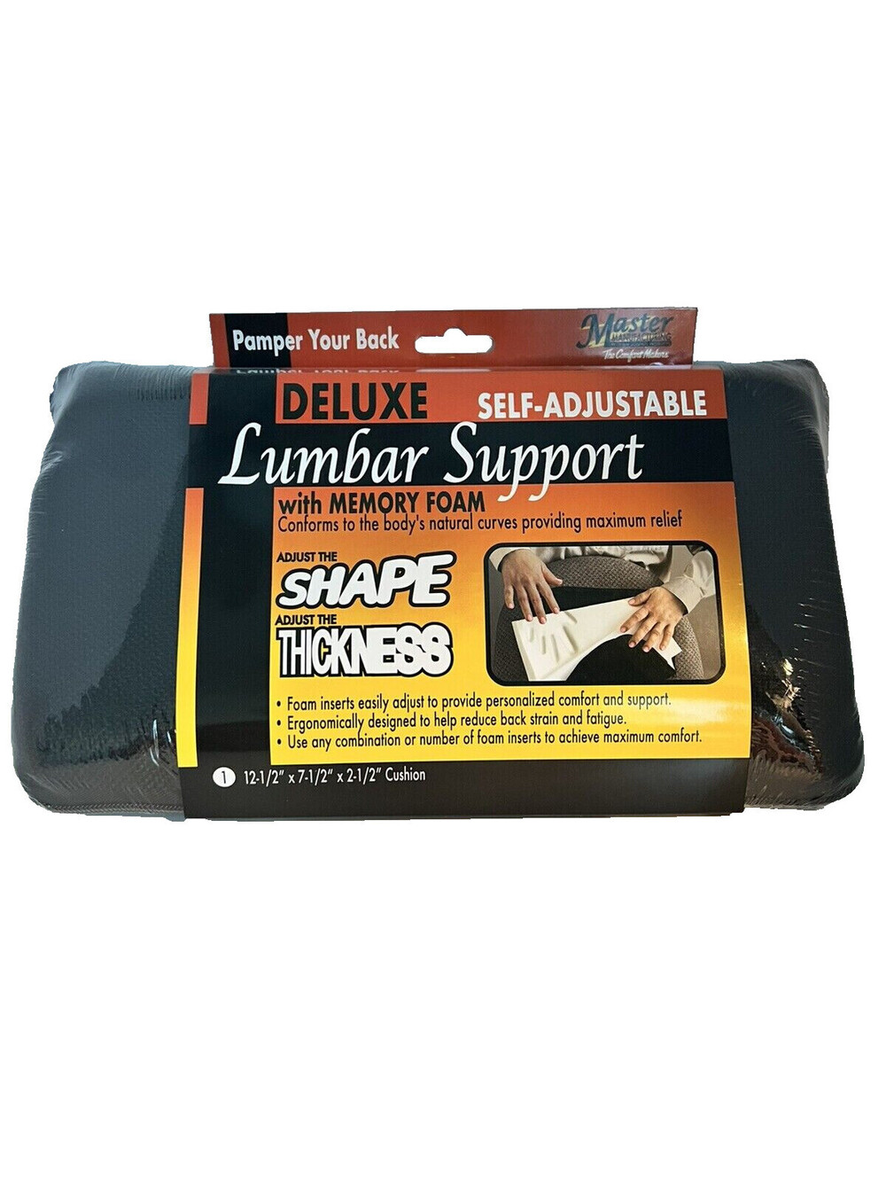 Deluxe Self-Adjustable Lumbar Support with Memory Foam 12.5" x 7.5" x 2.5" Black